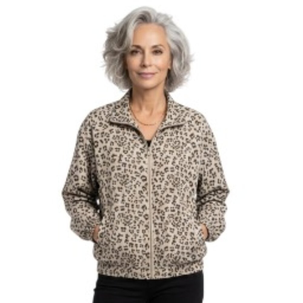 COACO Vintage Large Beige/Silver Animal Print Silk Front Zip Silk Jacket EUC